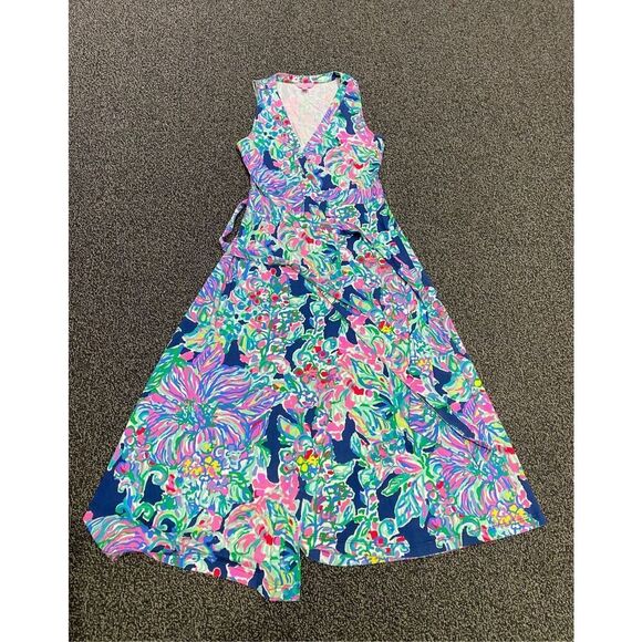 Lilly Pulitzer XS Delfina Wrap Maxi Dress Blue Green Tropical Beach Vacation - Picture 1 of 10